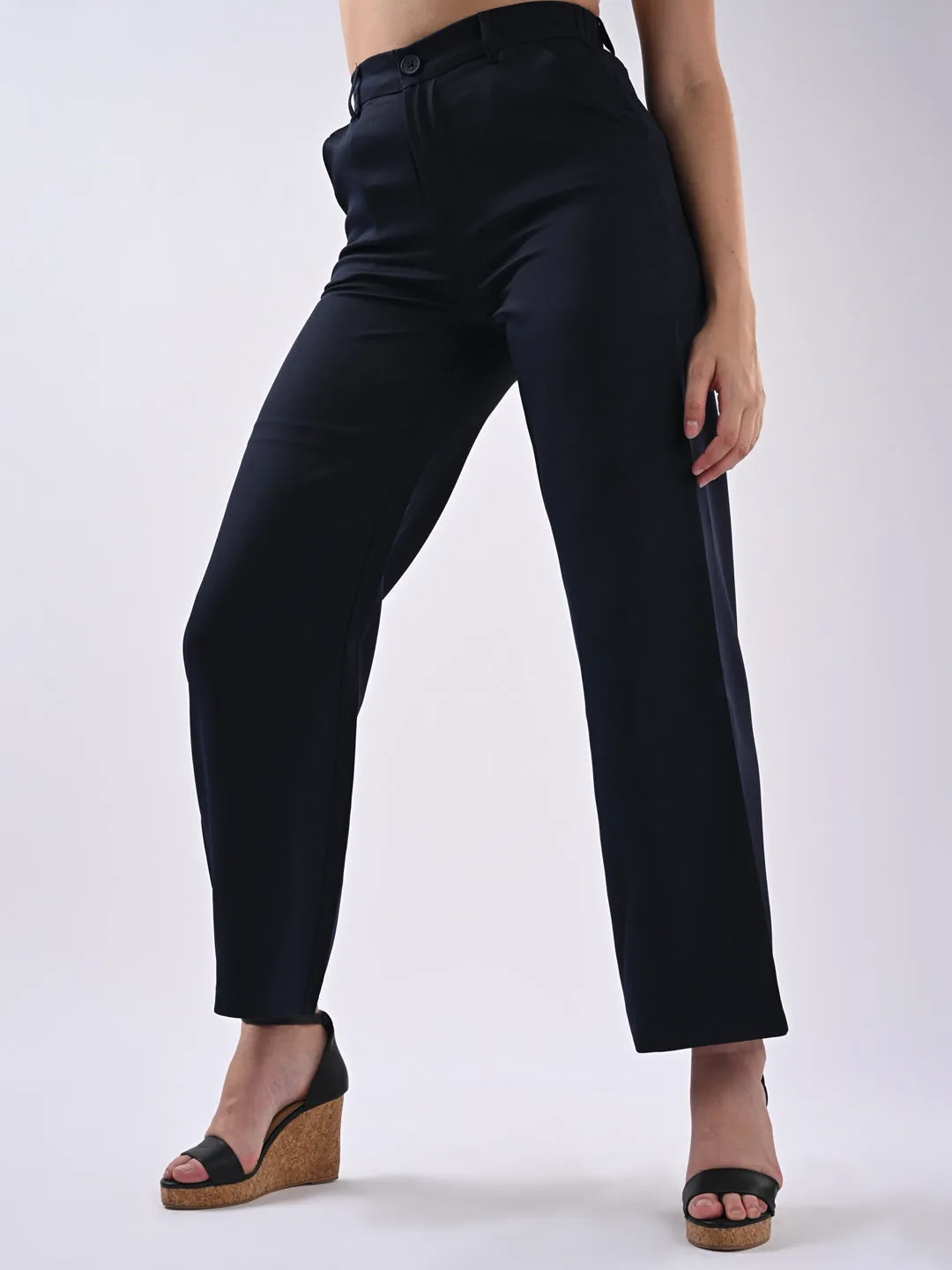 Women Navy Mid-Rise Wide Leg Trouser